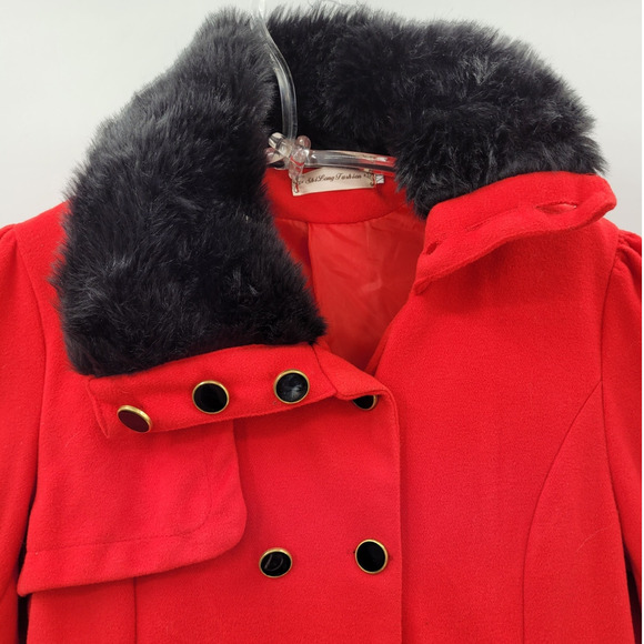 Shi Long Fashion Vintage Red double breasted Faux Fur Collar Peplum Swing Coat - Picture 10 of 14